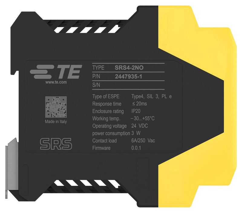 TE CONNECTIVITY SRS4-2NO Safety Relay, 24 VDC, DPST-NO, SRS Series, DIN Rail, 6 A, Screw Clamp