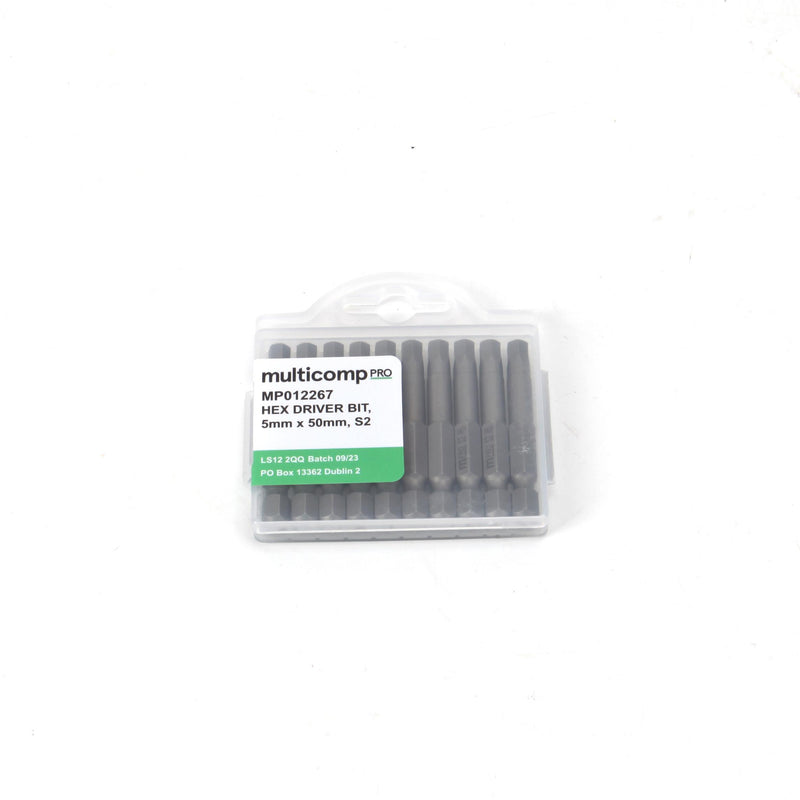MULTICOMP PRO MP012267 Hex Bit, 10 Pieces of Hex Driver Bits, H5, 50mm, S2