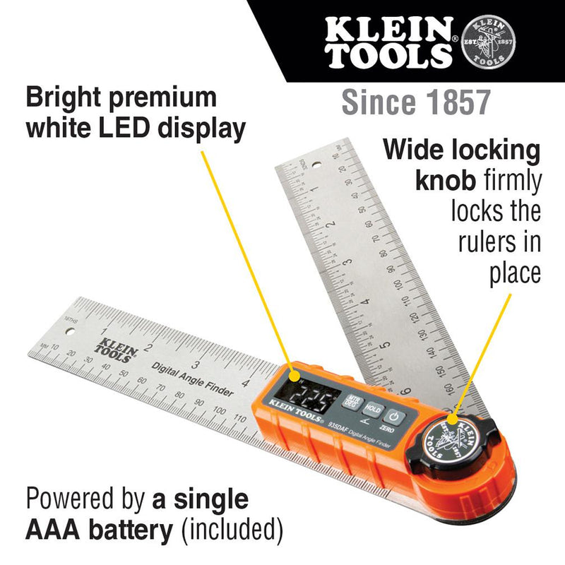 KLEIN TOOLS 935DAF Digital Angle Finder, Stainless Steel, ABS, IP54, 216 mm L x 23 mm H