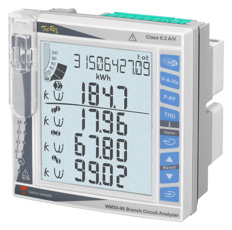 CARLO GAVAZZI WM50AV53HBC Power Analyzer, 1/2/3 Phase, 120VAC to 277VAC, 208VAC to 480VAC, IP20/IP65, Panel, WM50 Series