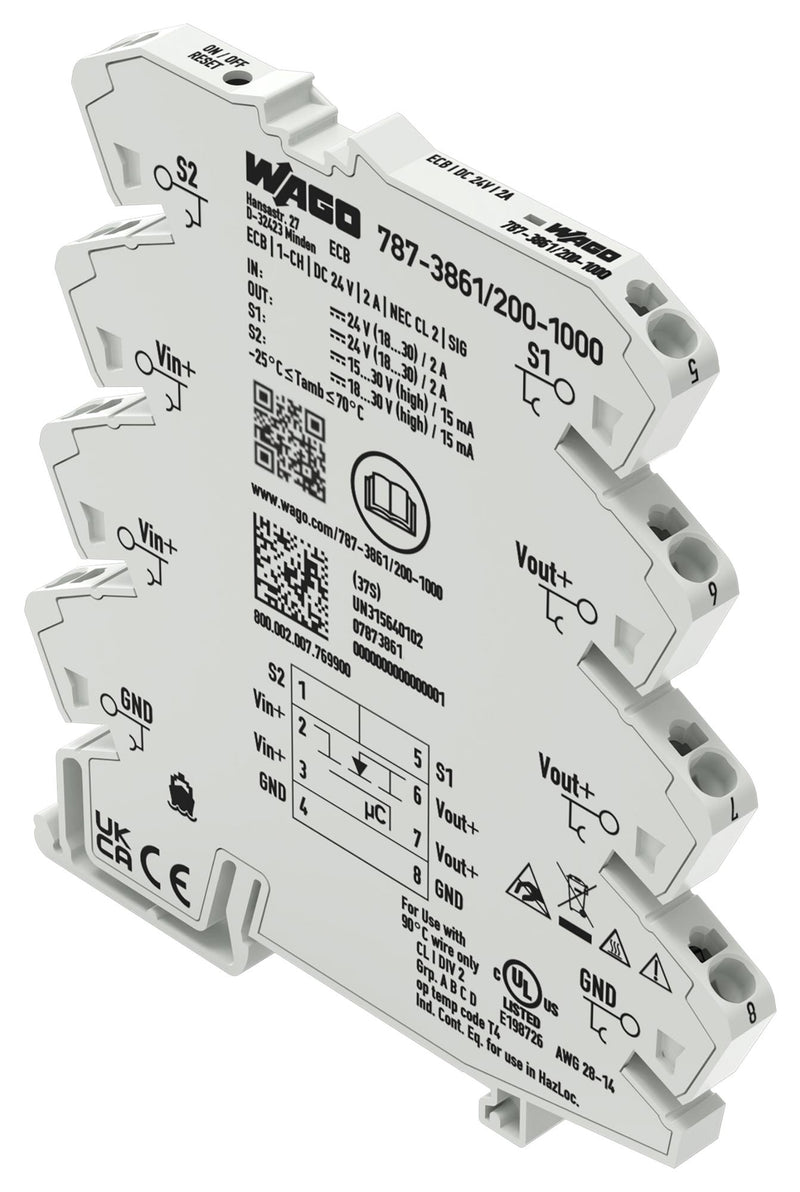 WAGO 787-3861/200-1000 Electronic Circuit Breaker, 787 Series, 1 Pole, 24 VDC, DIN Rail, 2 A