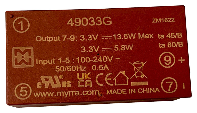 MYRRA 49033G AC/DC PCB Mount Power Supply (PSU), ITE & Household, 1 Output, 14.5 W, 3.3 VDC, 4.4 A
