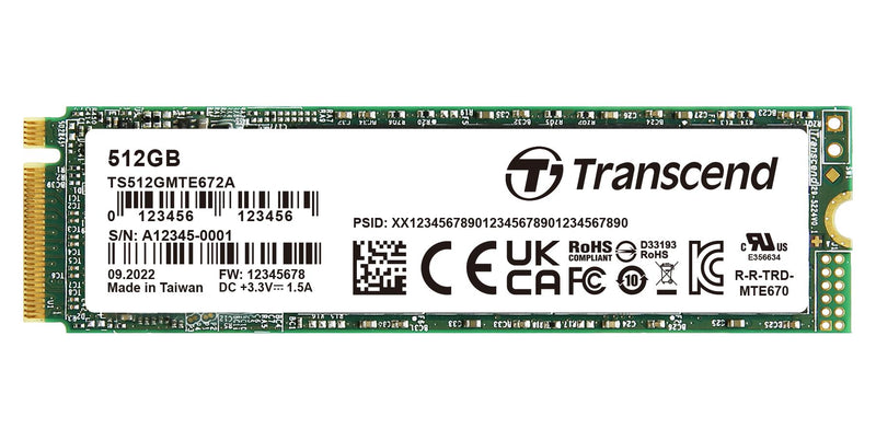 TRANSCEND TS512GMTE672A-VS1 SSD, Internal, M.2 2280, PCIe Gen 3 x 4, NVMe, 512 GB, 3D NAND, AES 256-bit