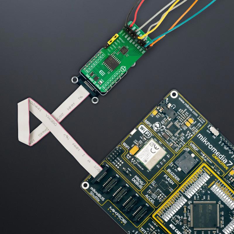 MIKROELEKTRONIKA MIKROE-5901 Add-On Board, ISO ADC 6 Click, 8 Channel, 24 Bit, MikroE mikroBUS Compatible Development Board