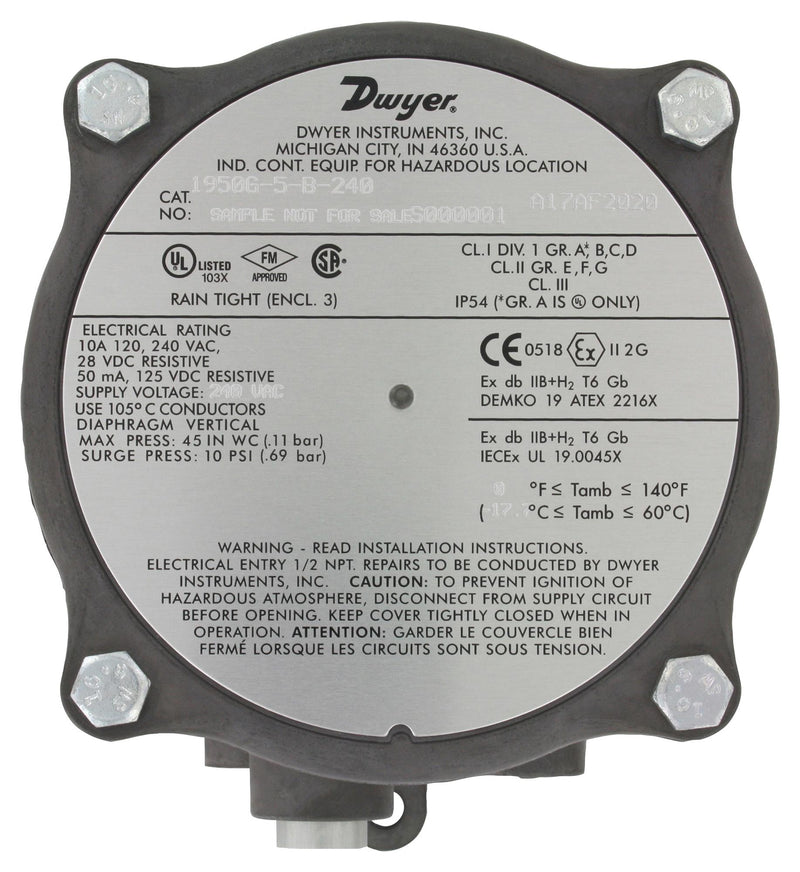 DWYER 1950G-20-B-24-NA Pressure Switch, 1/8" FNPT, 4 Inch-H2O, 20 Inch-H2O, SPDT
