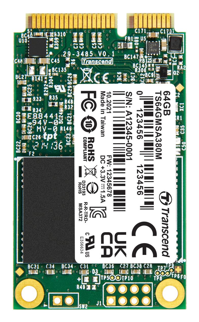 TRANSCEND TS64GMSA380M SSD, Internal, mSATA, SATA 6 Gb/s (SATA III), 64 GB, MLC NAND