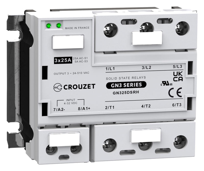 CROUZET GN325DSRH Solid State Relay, 25 A, 510 VAC, Panel Mount, Screw, Random Turn On
