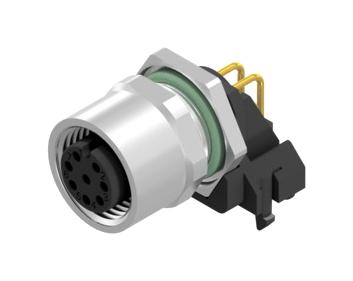 AMPHENOL CONEC 43-02739 Sensor Connector, M12, Female, 8 Positions, PCB Socket, Right Angle Panel Mount