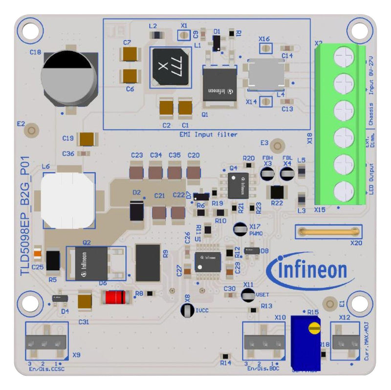 INFINEON TLD5098EPB2GEVALKITTOBO1 Evaluation Kit, TLD5098EP, 8V to 27V in, 54V out, 0.35A, Boost (Step Up), Analogue, Digital SP005550771