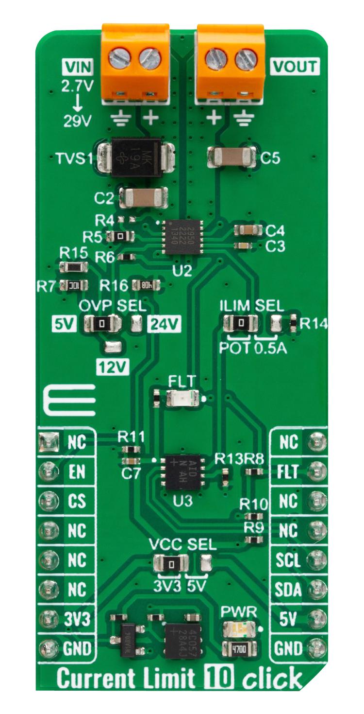 MIKROELEKTRONIKA MIKROE-5938 Add-On Board, Current Limit 10 Click, MikroE mikroBUS Compatible Development Boards