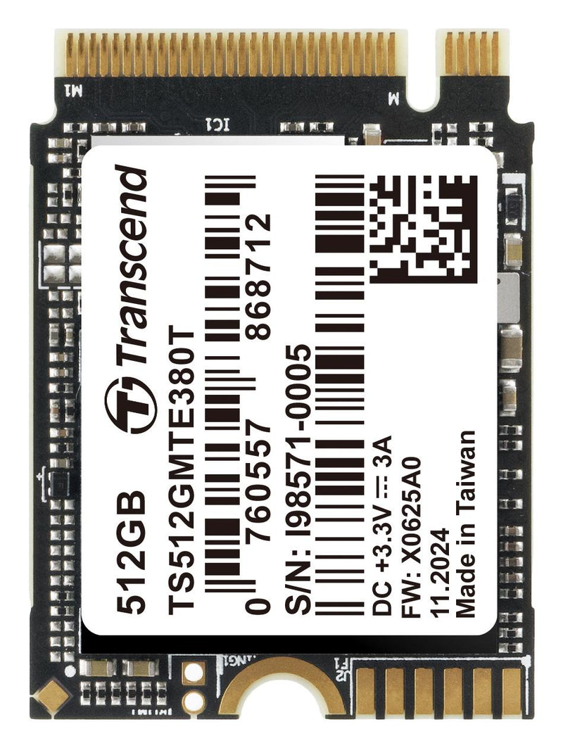 TRANSCEND TS512GMTE380T SSD, Internal, M.2 2230, PCIe Gen 4 x 4, NVMe, 512 GB, 3D NAND, AES 256-bit