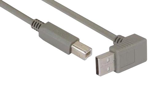 L-COM CA90UA-B-05M USB Cable, 90&deg; Type A Plug to Type B Plug, 500 mm, 19.7 ft, USB 2.0, Grey