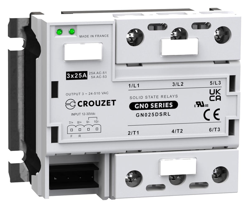 CROUZET GN025DSRL Solid State Relay, 25 A, 510 VAC, Panel Mount, Screw, Zero Crossing