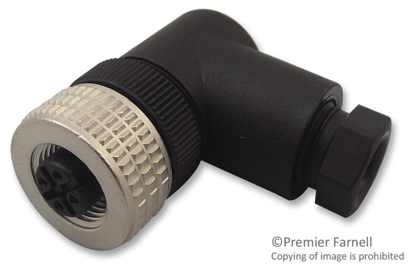 TELEMECANIQUE SENSORS XZCC12FCM40B Sensor Connector, OsiSense Series, M12, Male, 4 Positions, Screw Pin, Right Angle Cable Mount
