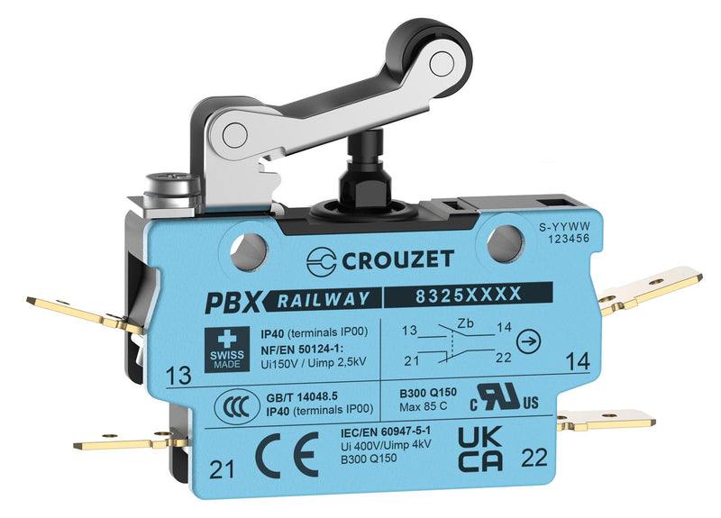 CROUZET 83252003 Microswitch, IP40, Standard, Roller Lever, SPDT-DB, Quick Connect, 2 A