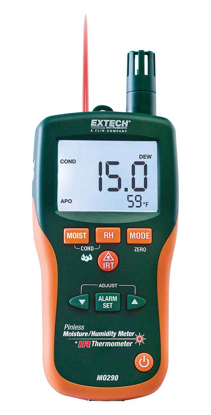 EXTECH INSTRUMENTS MO290 Moisture Meter, 0% to 99.9%, 0.1 %, -20 &deg;C, 170 &deg;C, 165 mm, 38 mm