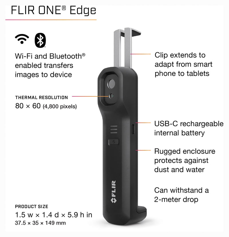 FLIR FLIR ONE&reg; EDGE Thermal Imager, -20 &deg;C, 400 &deg;C, 160 x 120, 0.07 K, 54&deg; x 42&deg;, 30 cm