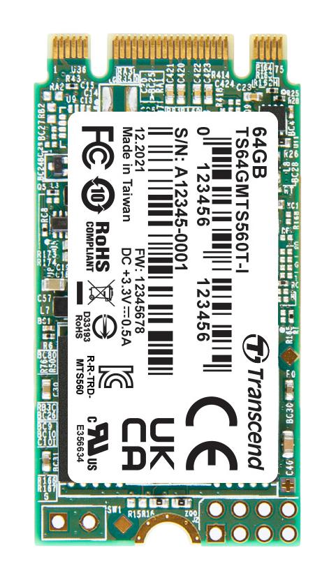 TRANSCEND TS64GMTS560TI-VS1 SSD, Internal, M.2 2242, SATA 6 Gb/s (SATA III), 64 GB, 3D NAND