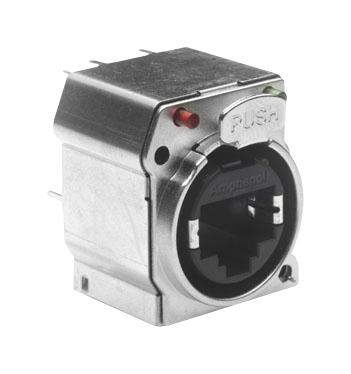 AMPHENOL AUDIO RJX8FB5VRGEB Modular Connector, RJ45 Jack, 1 x 1 (Port), 8P8C, Cat5e, IP40, Panel PCB Mount