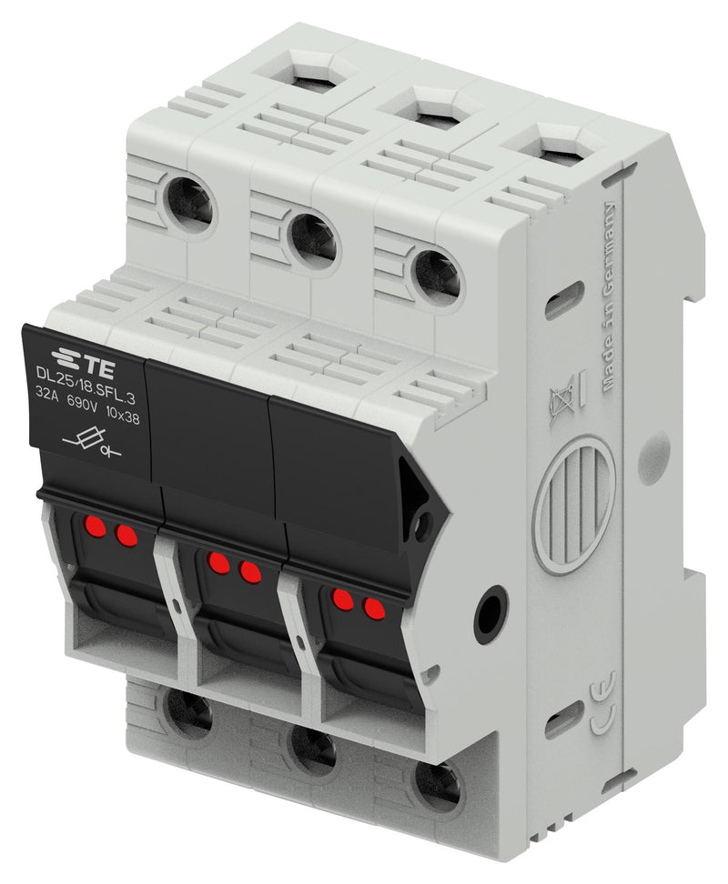 TE CONNECTIVITY 1SNF100028R0000 Fuse Holder, Modular, DIN Rail, 3 Fuses, 32 A, 690VDC, 690VAC, 10mm x 38mm, Screw Clamp