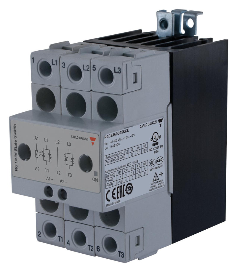 CARLO GAVAZZI RGC2A60D25KKE Solid State Contactor, 2P+1P, 25 A, 660 VAC, 32 VDC, Zero Crossing, DIN Rail, Screw