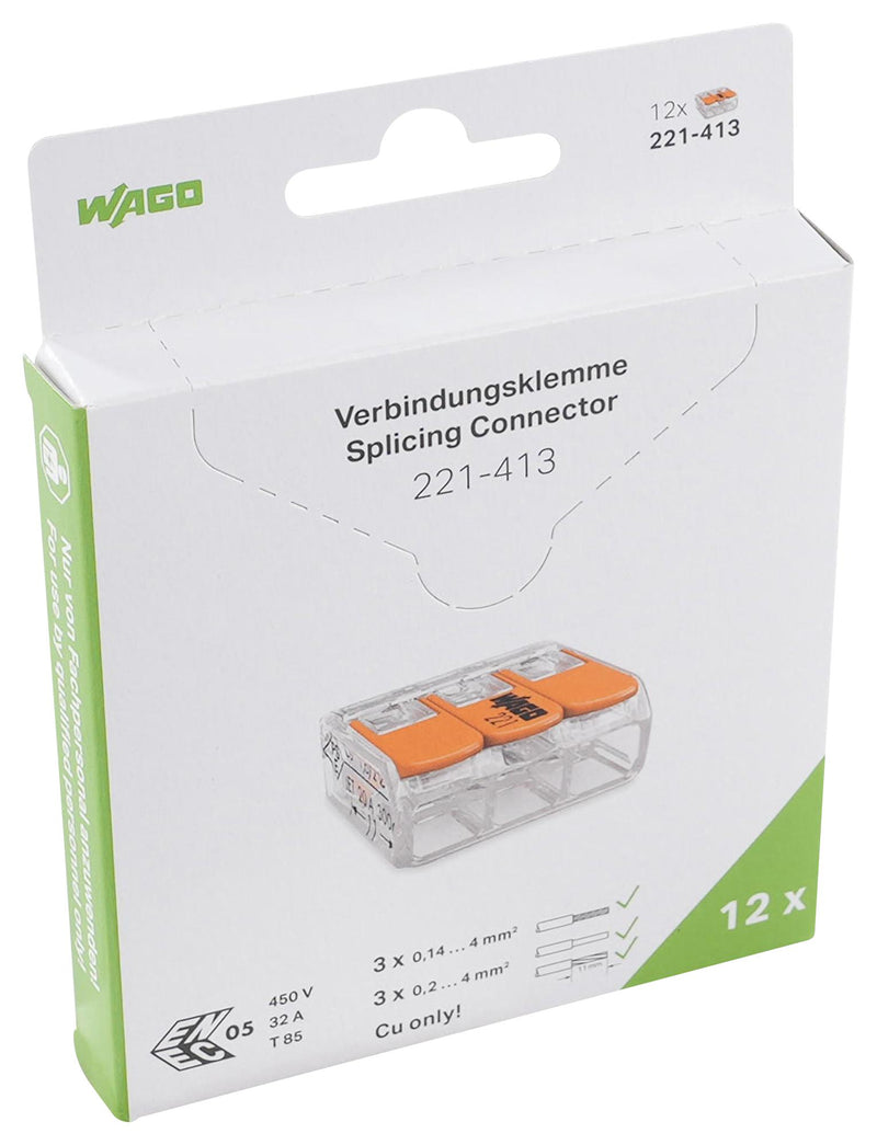 WAGO 221-413/995-012 Pluggable Terminal Block, 3 Ways, 24 AWG, 12 AWG, 4 mm&sup2;, Push In Lock