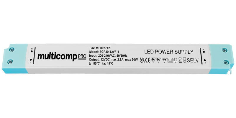 MULTICOMP PRO MP007712 LED Driver, IP20, LED Lighting, 30 W, 12 VDC, 2.5 A, Constant Voltage, 200 V