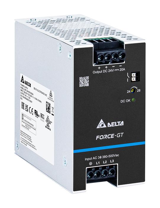 DELTA ELECTRONICS DRF-24V480W3GBA AC/DC DIN Rail Power Supply (PSU), ITE & Laboratory, 1 Output, 480 W, 24 V, 20 A