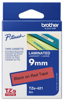 BROTHER TZE-421 Label Printer Tape, Adhesive-Laminated, Black on Red, 8 m x 9 mm