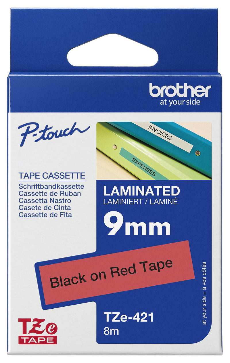 BROTHER TZE-421 Label Printer Tape, Adhesive-Laminated, Black on Red, 8 m x 9 mm