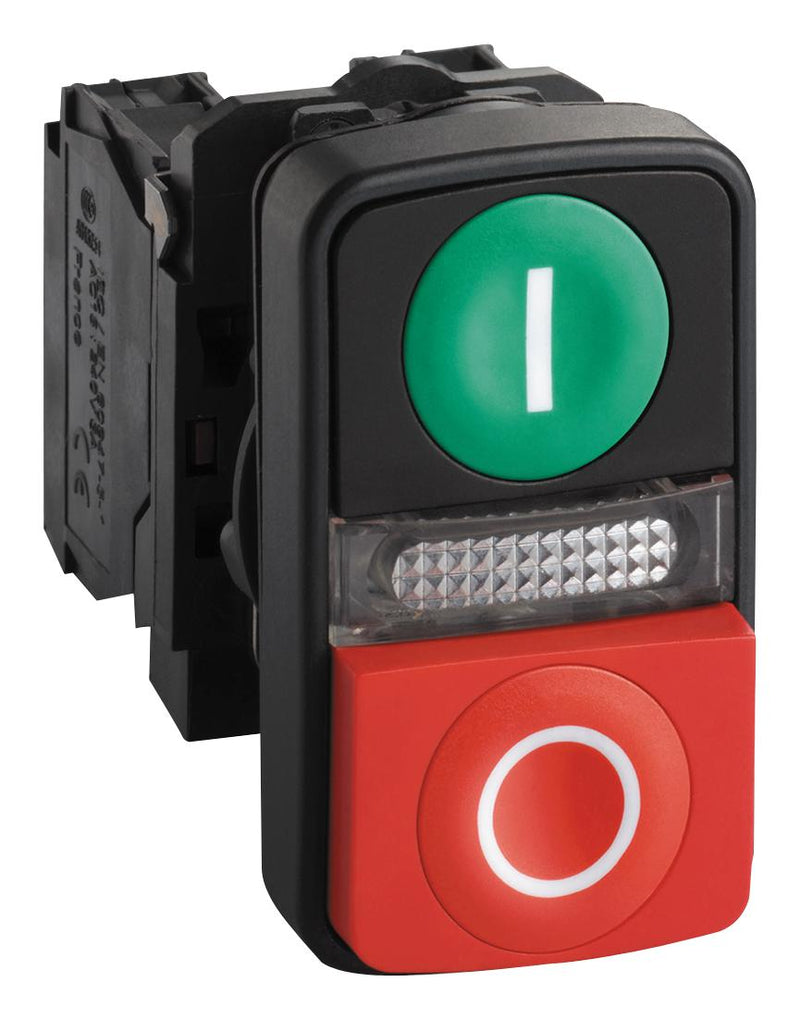 SCHNEIDER ELECTRIC XB5AW73731B5 Industrial Pushbutton Switch, Harmony, 22 mm, SPST-NO, SPST-NC, Momentary, Flush, Green, Red