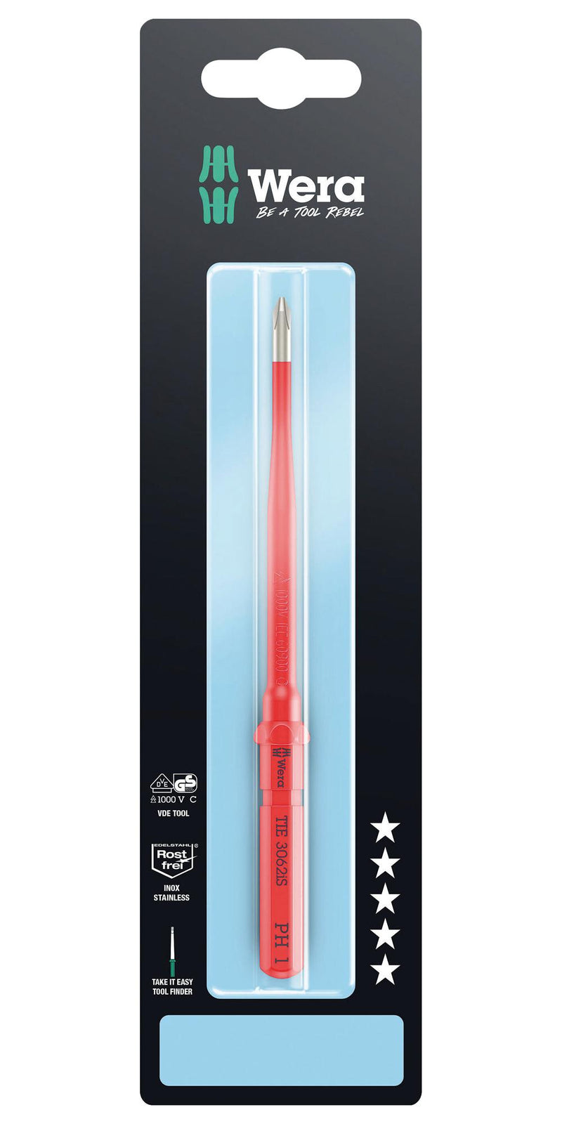 WERA K K VDE 3062 IS PH 1 X 157 MM TIE SB Interchange Screwdriver, VDE, Phillips, Stainless Steel, PH 1 x 157 mm