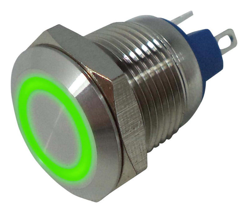 MULTICOMP PRO MP-PB7-01LB42BFRG12VM Vandal Resistant Switch, 12V LED, 0.472 ", SPST-NO-DM, Off-(On), Round Flat, Natural