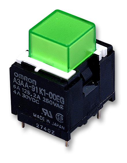 OMRON INDUSTRIAL AUTOMATION A3AA-91K1-00EG Pushbutton Switch, A3A, SPST-NO, Off-(On), Square, Green