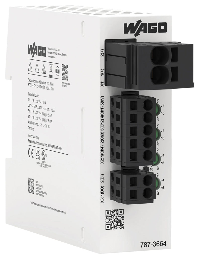 WAGO 787-3664 Electronic Circuit Breaker, 787 Series, 4 Pole, 24 VDC, DIN Rail, 10 A