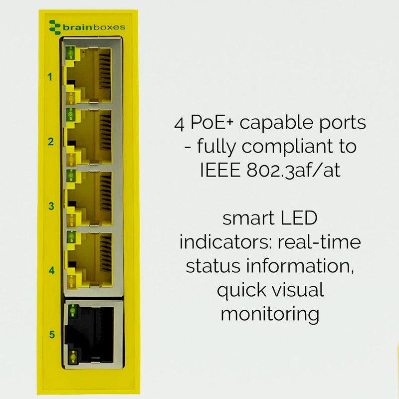 BRAINBOXES SW-535 Switch, 5 Ports, Industrial, Unmanaged PoE Gigabit Ethernet, DIN Rail, RJ45 x 5 GTIN UPC EAN: 0837324005073