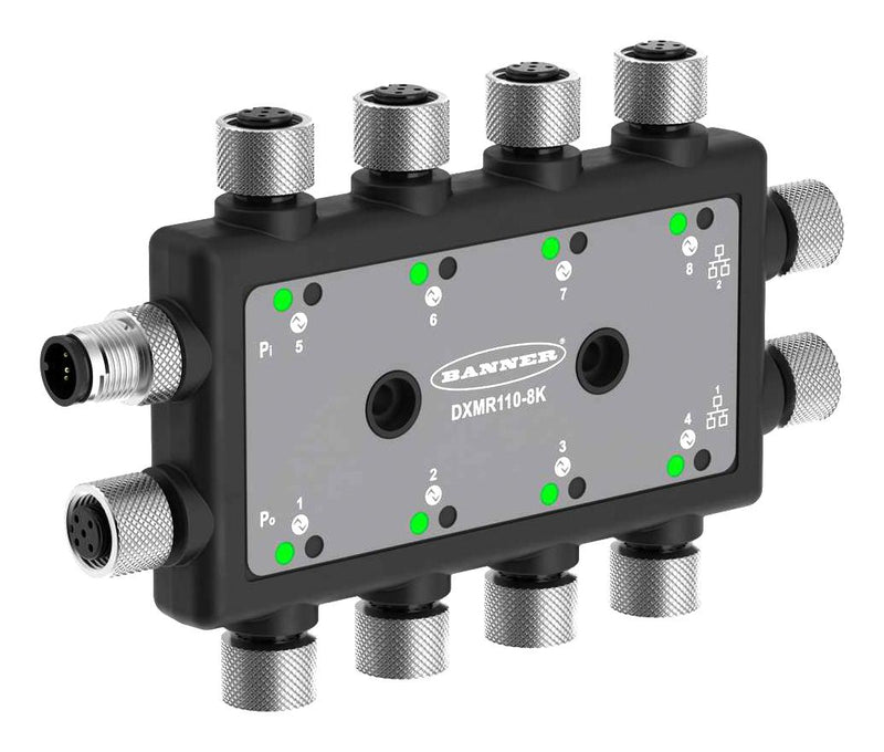 BANNER ENGINEERING DXMR110-8K Input/Output Link Controller, 8 Port IO, 1.75A Current, M12 D-Code Ethernet Connection