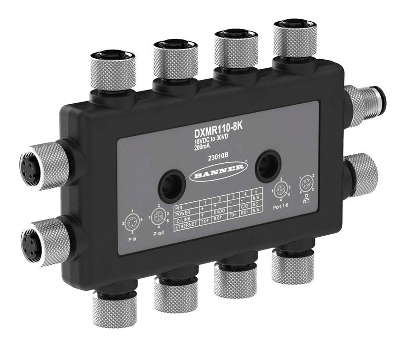 BANNER ENGINEERING DXMR110-8K Input/Output Link Controller, 8 Port IO, 1.75A Current, M12 D-Code Ethernet Connection