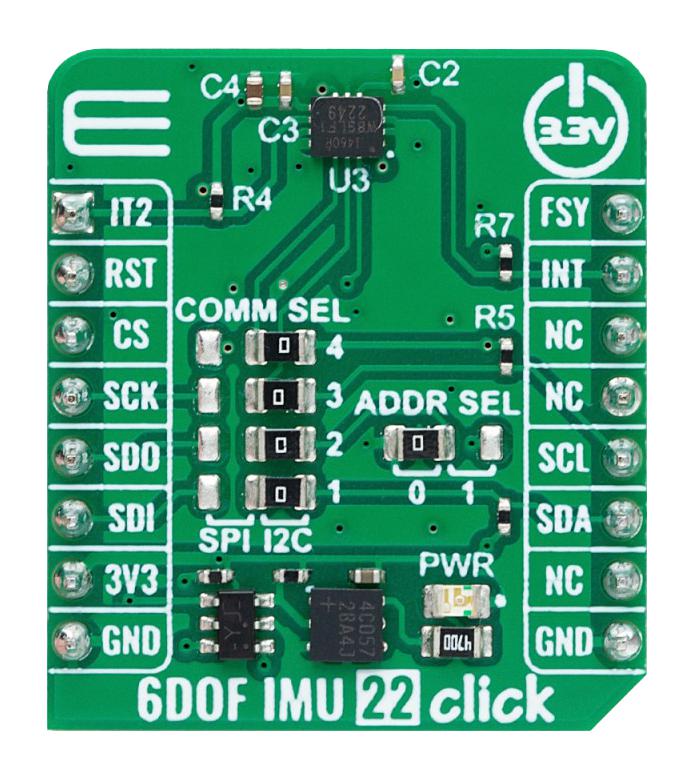 MIKROELEKTRONIKA MIKROE-6024 Add-On Board, 6DOF IMU 22 Click, ICM-42670-P, 6-Axis MEMS Motion Tracking IMU, I2C, SPI, 3.3V