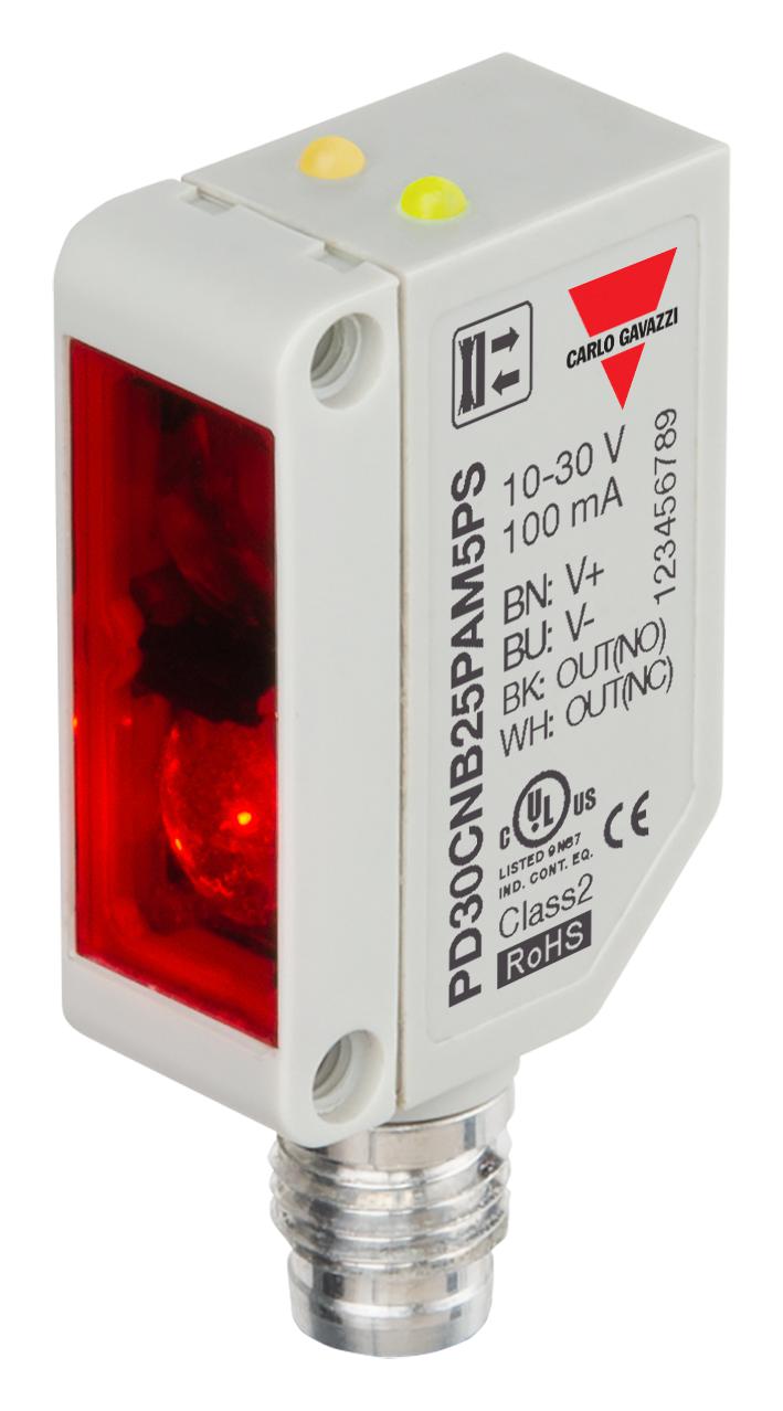 CARLO GAVAZZI PD30CNB25PAM5PS Photoelectric Sensor, 250 mm, PNP/SPST-NO/SPST-NC, Diffuse Reflective/Background Suppression, 10-30V