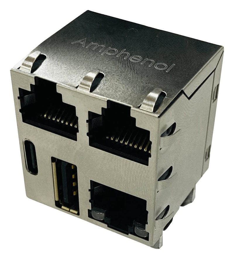 AMPHENOL COMMUNICATIONS SOLUTIONS RJE7G588141112 Modular Connector, RJ45 Jack with USB A + USB C, 1 x 3 (Ganged), 8P8C, Cat5, Through Hole Mount