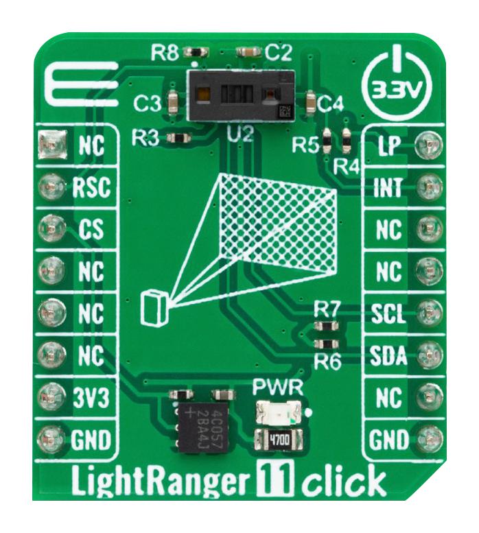 MIKROELEKTRONIKA MIKROE-5864 Add-On Board, LightRanger 11 Click, VL53L7CX, Range-Finding And Distance-Sensor, I2C, 3.3V in