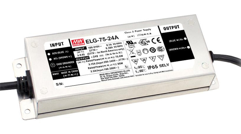 MEAN WELL ELG-75-24 LED Driver, LED Lighting, 75.6 W, 24 VDC, 3.15 A, Constant Current, Constant Voltage, 100 V