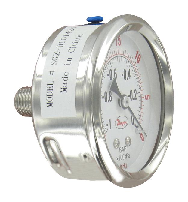 DWYER SGZ-D10642N-GF Pressure Gauge, Industrial, 160psi, -20 to 60&deg;C, 1/4" MNPT, Glycerin Filled
