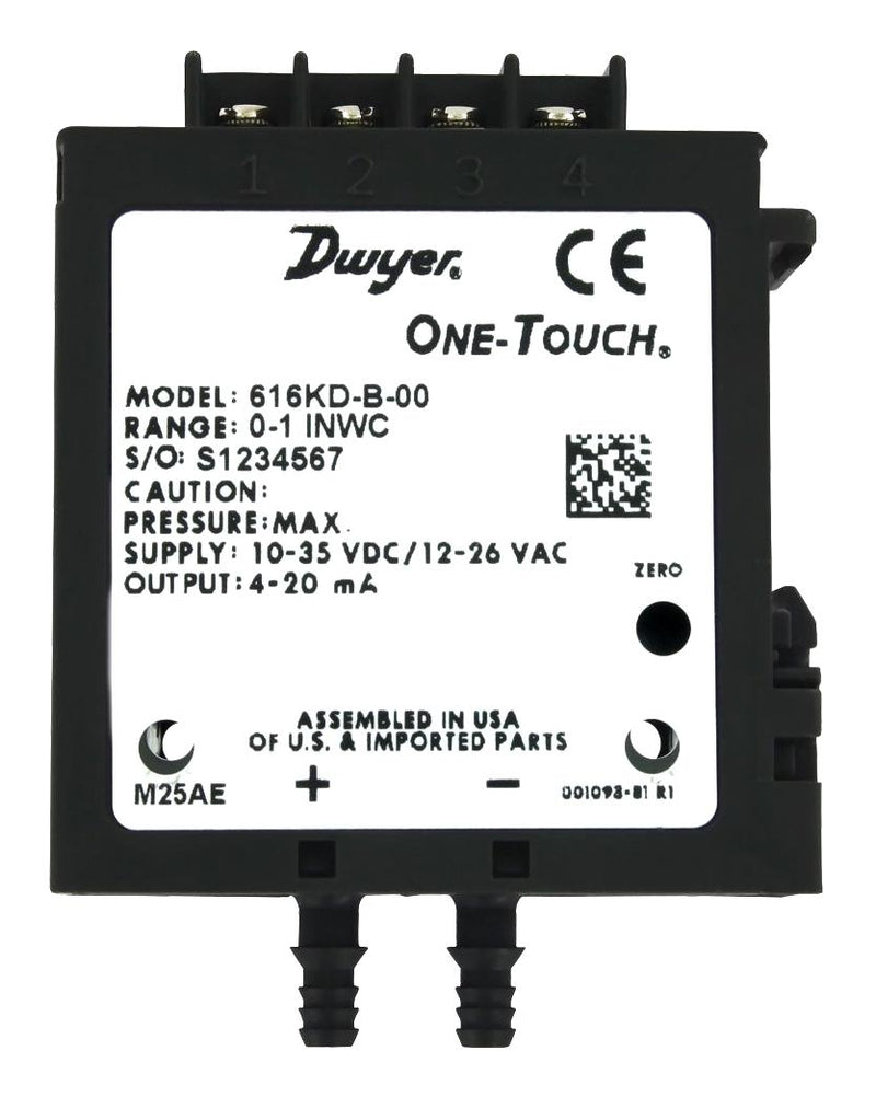 DWYER 616KD-02 Pressure Sensor, 2 % Accuracy, 3 Inch-H2O, Current, Differential, 35 VDC, Dual Radial Barbed, 21 mA