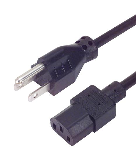 L-COM PCM1012 Mains Power Cord, NEMA 5-15P to IEC 60320 C13, 2.3 m, 10 A, 125 V, Black