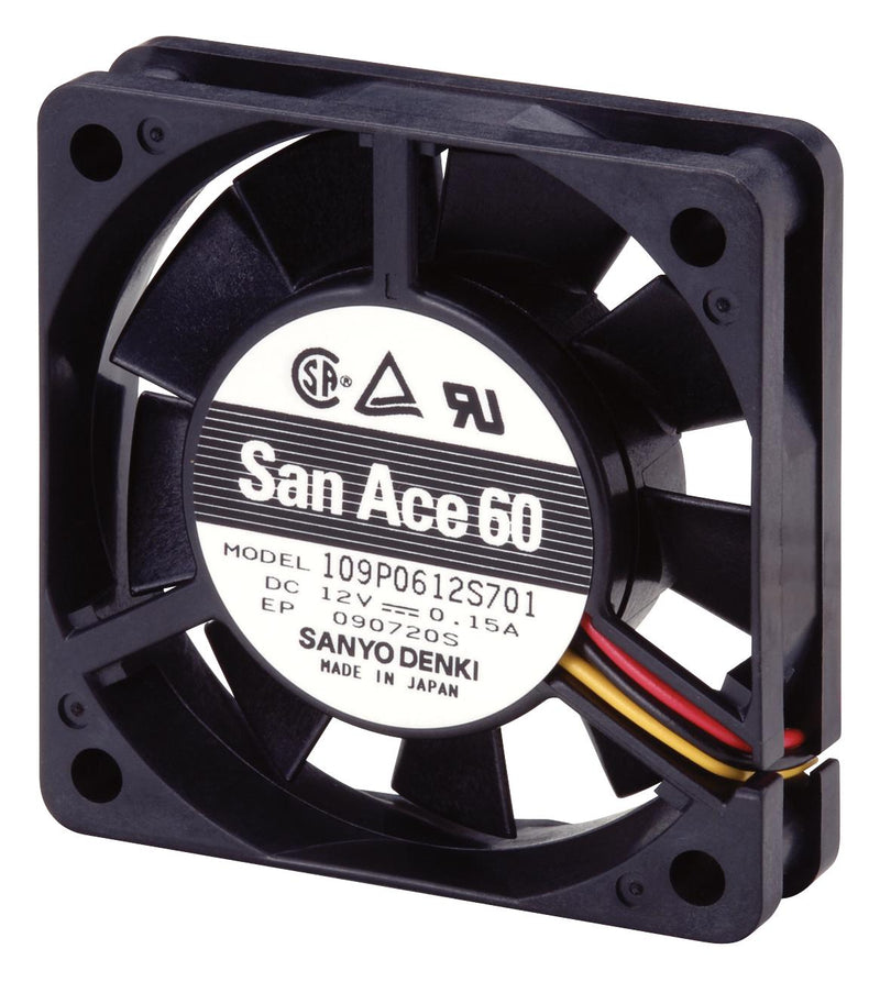SANYO DENKI 109P0605H702 DC Axial Fan, 5 V, Square, 60 mm, 15 mm, Ball Bearing, 14.1 CFM