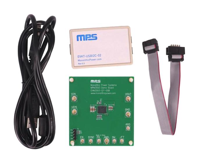MONOLITHIC POWER SYSTEMS (MPS) EVKT-MPM3593 Evaluation Kit, MPM3593GQY-0001-T, Synchronous Step-Down Module, Interface Device, USB Cable