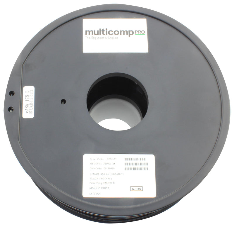 Multicomp PRO MP001136 MP001136 3D Printer Filament 1.75mm Dia Black ASA 1 kg