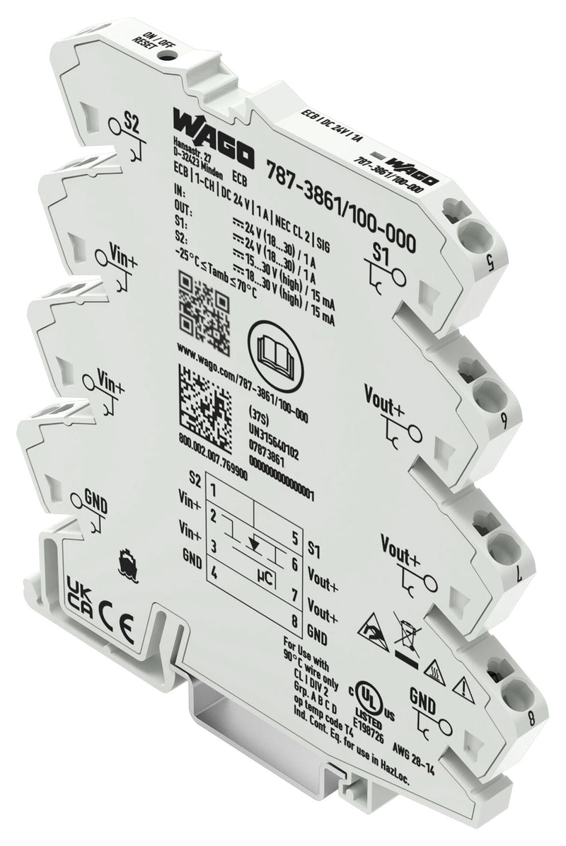 WAGO 787-3861/100-000 Electronic Circuit Breaker, 787 Series, 1 Pole, 24 VDC, DIN Rail, 1 A